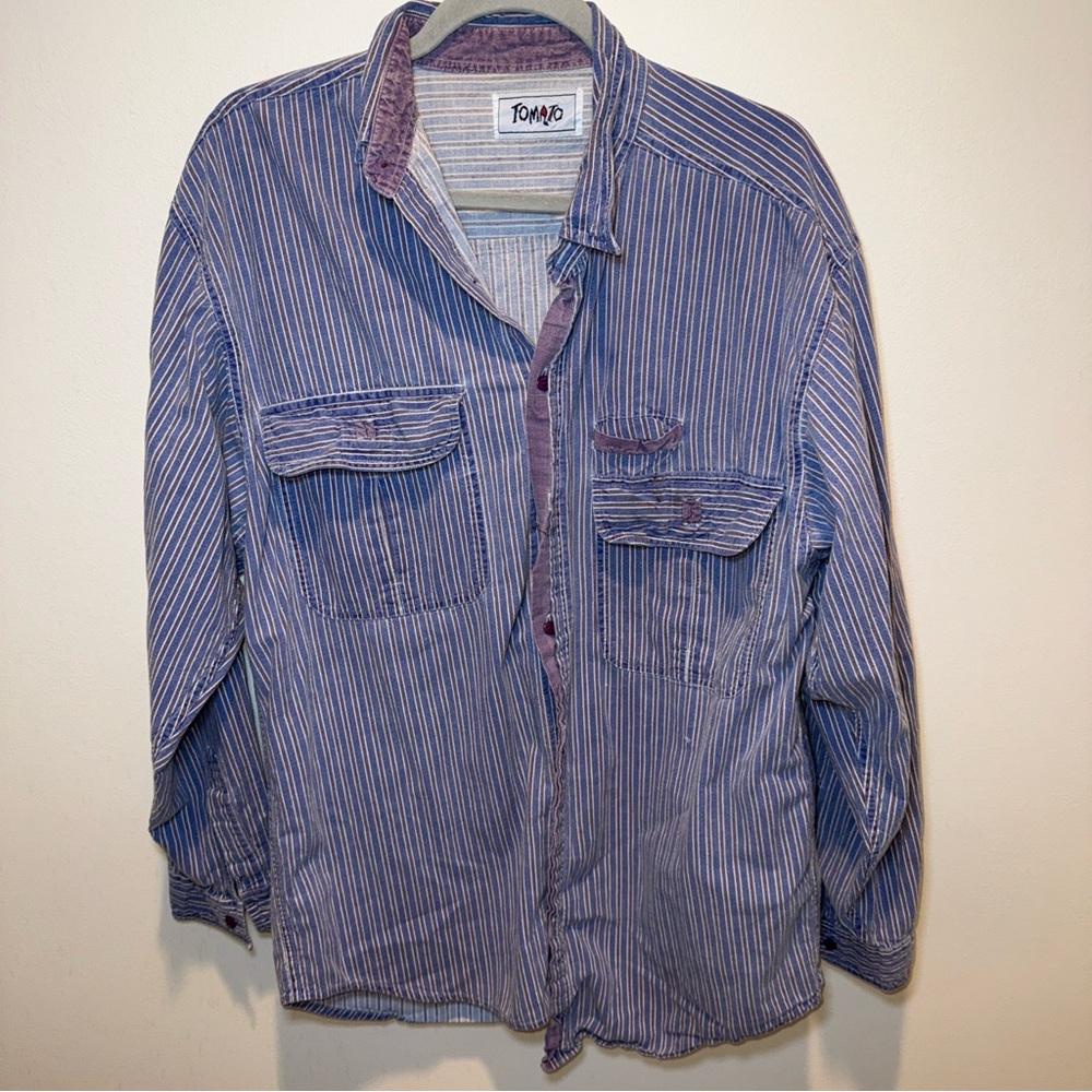 Vintage‎ TOMATO button up shirt Large broad stripe red with blue stripes